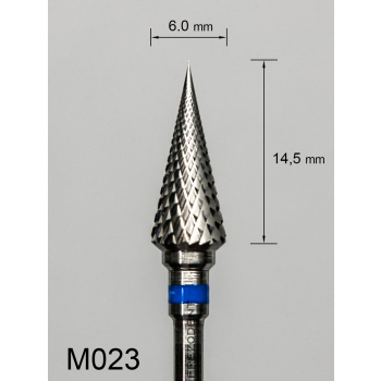 Frez węglikowy M023 z krzyżowym średnim nacięciem (niebieski pasek) – stożkowy "choinkowy" z bardzo ostrym czubkiem