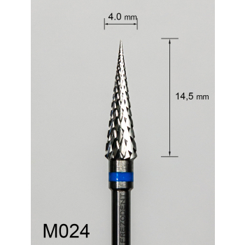 Frez węglikowy M024 z krzyżowym średnim nacięciem (niebieski pasek) – stożkowy "choinkowy" z bardzo ostrym czubkiem