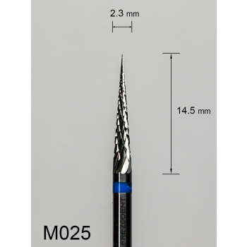 Frez węglikowy M025 z krzyżowym średnim nacięciem (niebieski pasek) – stożkowy "choinkowy" precyzyjny z bardzo ostrym czubkiem